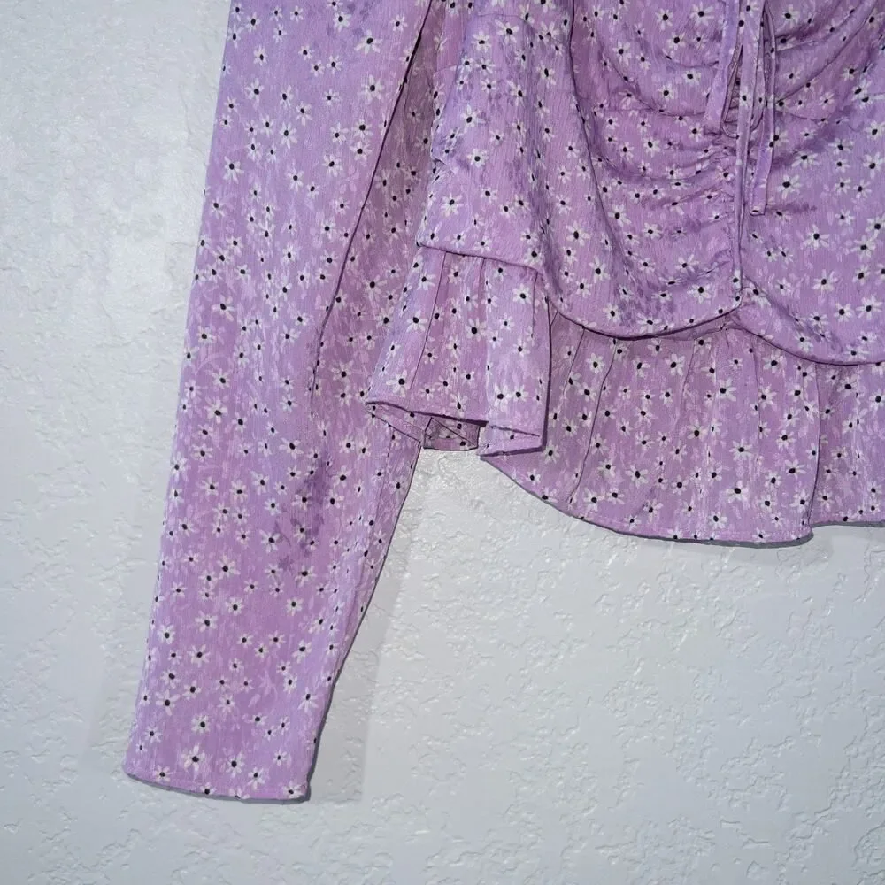 New Zara Purple Daisy Floral Long‎ Sleeve Crop Top Size Large